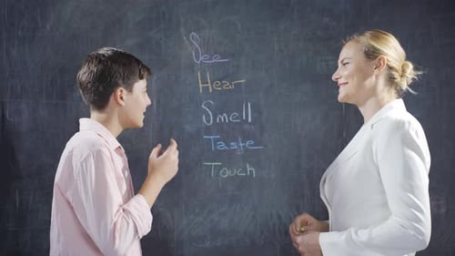 Teacher teaching her boy student about sense organs.