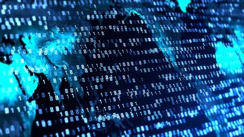 Code binaire. Des zéros et des uns sous la forme d'une carte du monde.