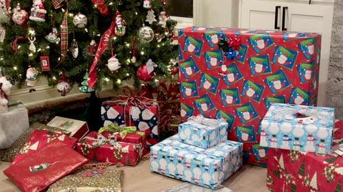 Christmas Tree with Colorful Wrapped Gifts Presents