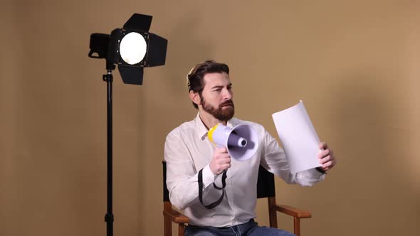 Man Reads Script into Megaphone on Film Set, People Stock Footage ft ...