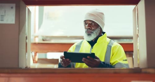 Industry, tablet and mature man in warehouse for inventory, stock check or distribution