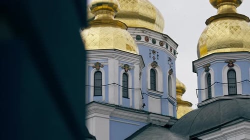Ukraine Kyiv Summer August 2 2024 Sophia Kiev Bell Tower Golden Cupola with Painting of Saints