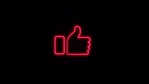 Red Neon Thumb Up Icon Glowing On Black Background Social Media Symbol