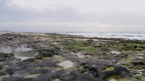 calm cinematic ocean scene with enrolling waves in background and moss rocks water puddles and pebbl
