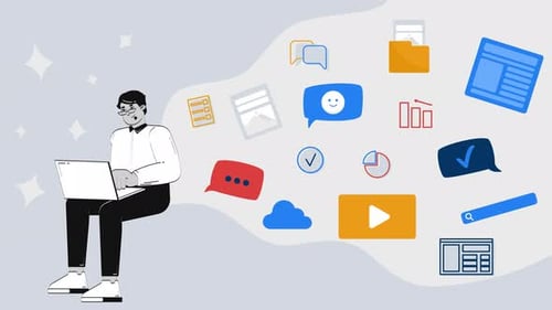 Digital Technology Icons Flowing from Laptop Animation