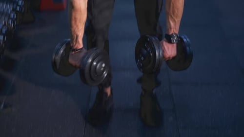 Workout with dumbbells. Sportsman with heavy dumbbells training his arm muscles in the gym.