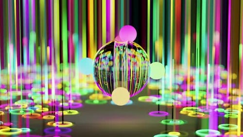 Representación 3D de pequeñas bolas de neón coloridas que giran sobre una esfera de vidrio