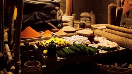 Explore un vibrante mercado tradicional lleno de especias, verduras y hierbas