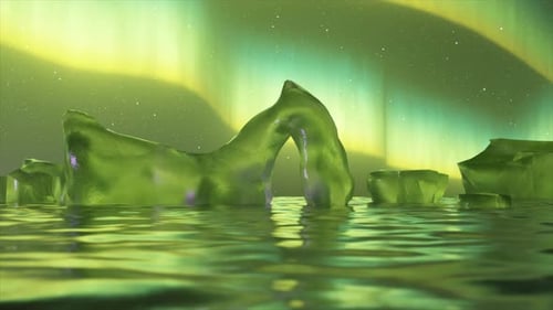 Surreal 3D Animation of Green Aurora Over Melting Icebergs a Stunning Display of Digital Nature