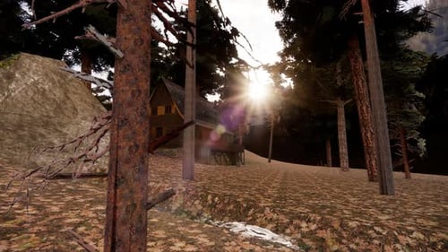 Escape to a serene forest cabin basking in the sunlight, perfect for relaxation ads