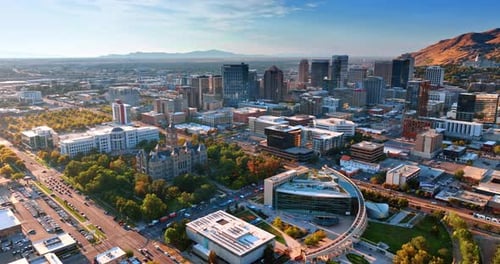 Approaching the group of multi-storied buildings in the scenery of Salt Lake City, Utah, USA.