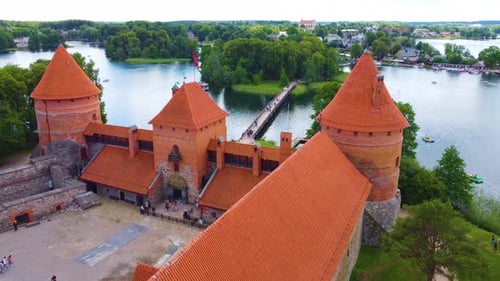 Closer aerial view of the Trakai castle entrance at Galve lake, Vilnius, Lithuania.