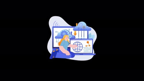 Animated Flat Design Illustration of Person with Cloud Technology