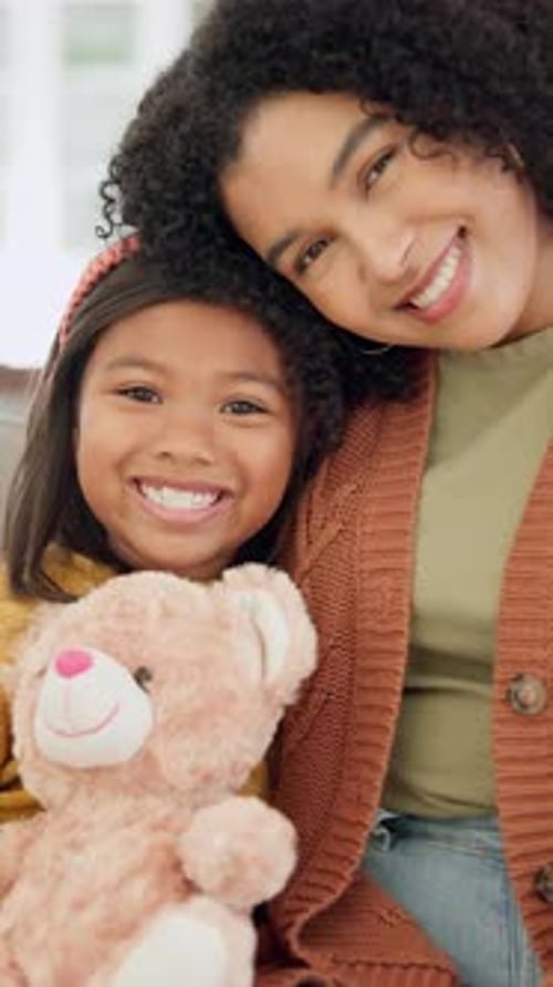 Happy, face and mother with child on sofa for comfort, bonding and trust in home