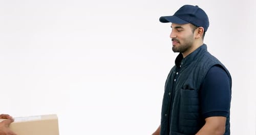 Happy man, box and delivery in customer service, logistics or ecommerce against a white studio