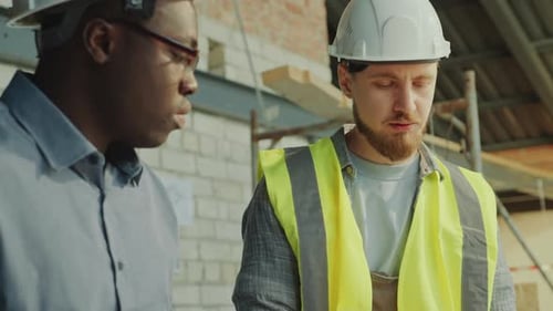 Construction Team Discussing Blueprints on Site
