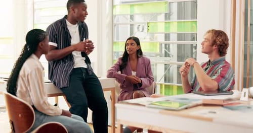 Education, conversation and group of students studying in classroom in discussion for university