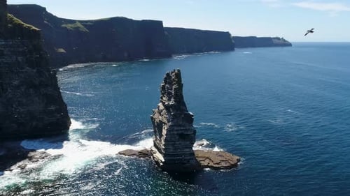 A drone shot of the Cliffs of Moher, the tallest sea cliffs of the rugged West Clare Coast of Irelan