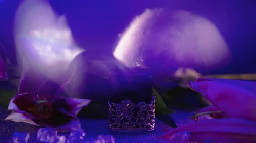 Effet d'éblouissement frais sur la composition vidéo d'un flacon de parfum vintage entouré de fleurs.