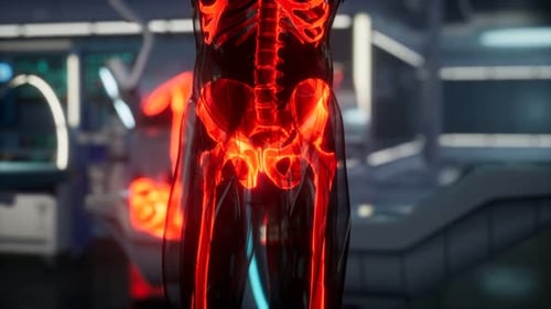 Futuristic Scan of Glowing Red Human Skeleton