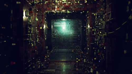Luminous Hologram Filled Space with Drifting Symbols and Tech Motifs