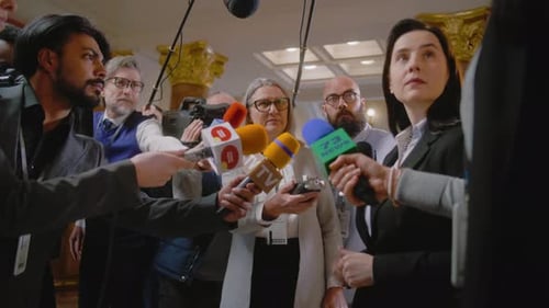 Reporters Gather Around Woman at Press Conference