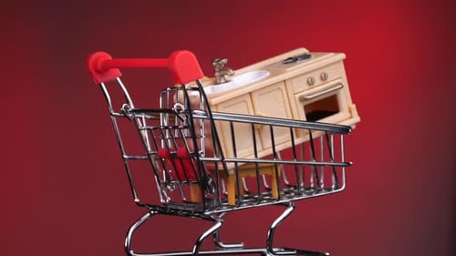 Closeup in the Shopping Cart Trolley There is a Sink Sink Stove Oven