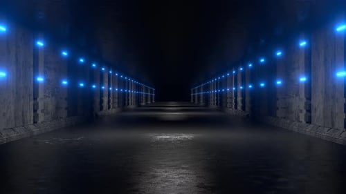 Animation eines nahtlosen abstrakten Rauminnenraums aus Beton mit blau leuchtenden Neonlichtern