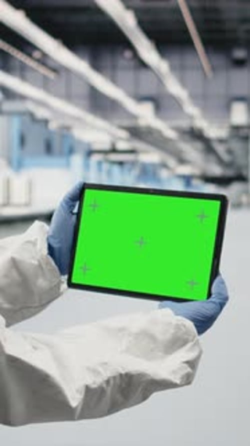 Vertical Video Isolated Screen Tablet Used By Cleanroom Manager Tracking Semiconductors