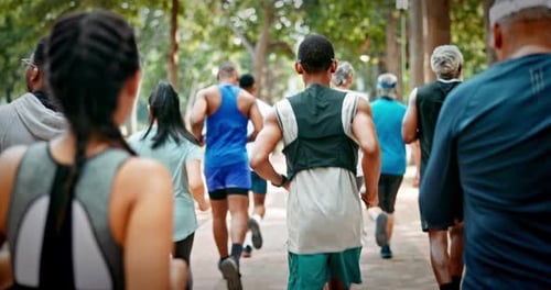 Fitness, athlete group and running at park for marathon practice, endurance challenge and workout