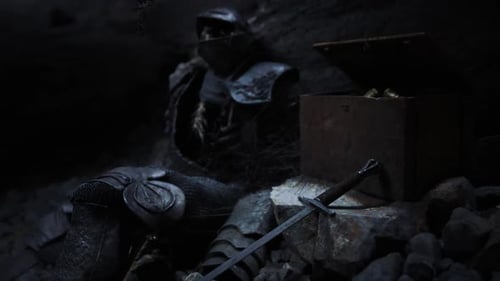 Fallen Knight Rests in Shadowy Cave with Treasure Chest Nearby