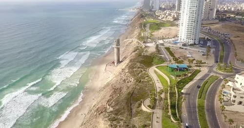 Aerial view of Netanya City and it's coastline- part of the Israeli coastal plain