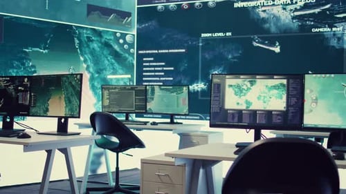 Empty Military Drone Control Center Equipped with a Big Screen