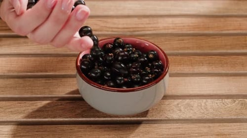 Fresh Black Currants Poured Into Bowl on Wood
