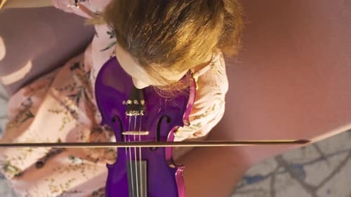 Vertical Video of Close-up of musician woman playing violin at home. Composing, playing music.