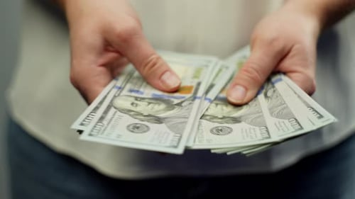 A Woman Counts a Large Number of Banknotes in Her Hands
