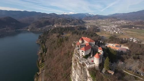 Aerial view of Bled castle during afternoon.