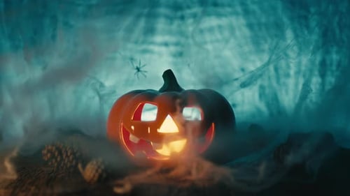 Illuminated Jack-o'-Lantern with Spiderweb in a Spooky Night