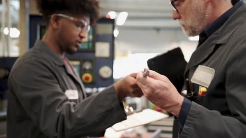 Travailleurs d'un atelier d'usinage examinant la partie 20-24