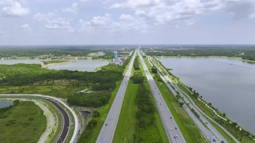 Aerial View of Busy American Highway with Heavy Fast Moving Traffic