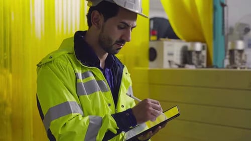 Un ouvrier d'usine de sexe masculin écrivant sur une tablette numérique inspectant la qualité d'une bouteille de jus sur une bande transporteuse