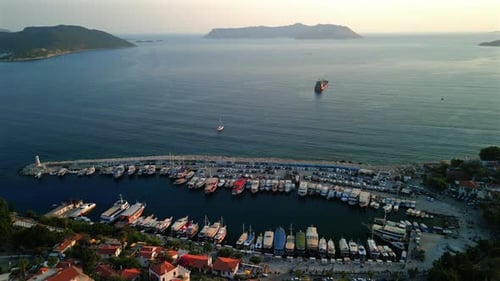 Aerial view of tranquil harbor at sunset, Turkey.