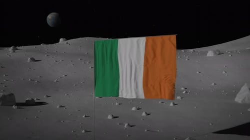 Irish Flag Waving on Moon Surface with Distant Earth in Space