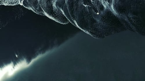 Aerial Top View of Black Sand Beach with Big Waves