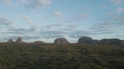 Aerial view of a valley landscape with mountains in Quixeramobim, Ceará, Brazil.