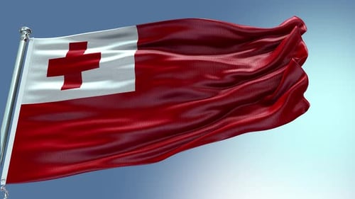 Tonga National Flag Waving Realistically Against Blue Sky