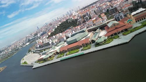 Istanbul Halic Congress Center and Golden Horn Channel, camera roll shot