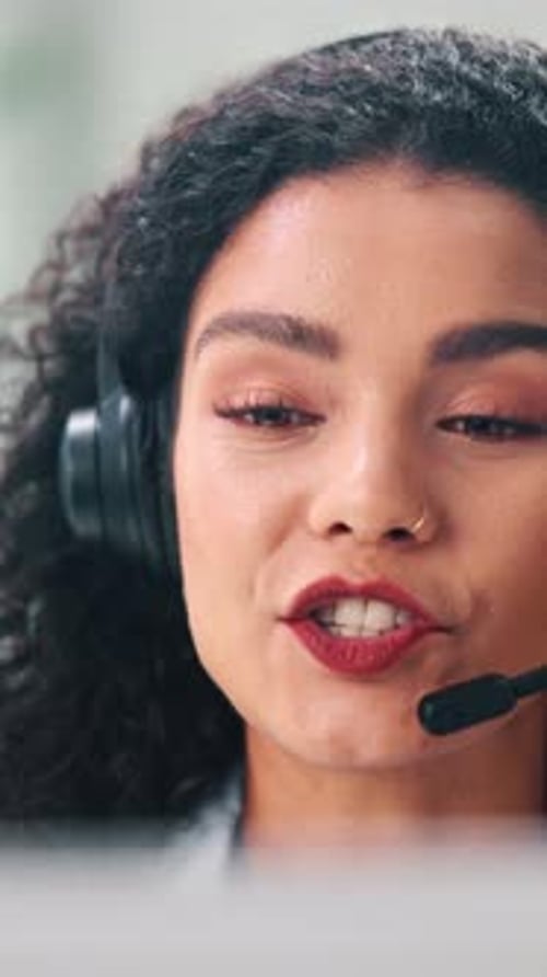 Headset, consulting and business woman in office for online advice, customer support and talking