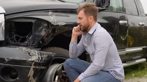 Man on Phone Next to Damaged Truck
