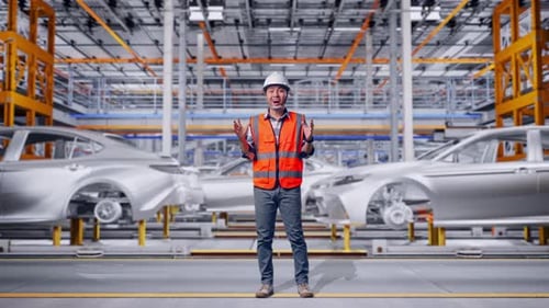 Corps entier d'un ingénieur asiatique souriant à la caméra et disant « Waouh » dans une usine automobile